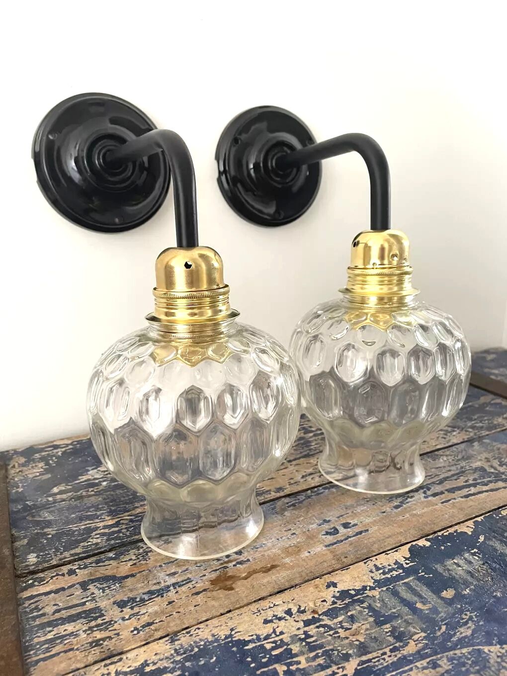 Set of two vintage electrified electrified glass wall lamps