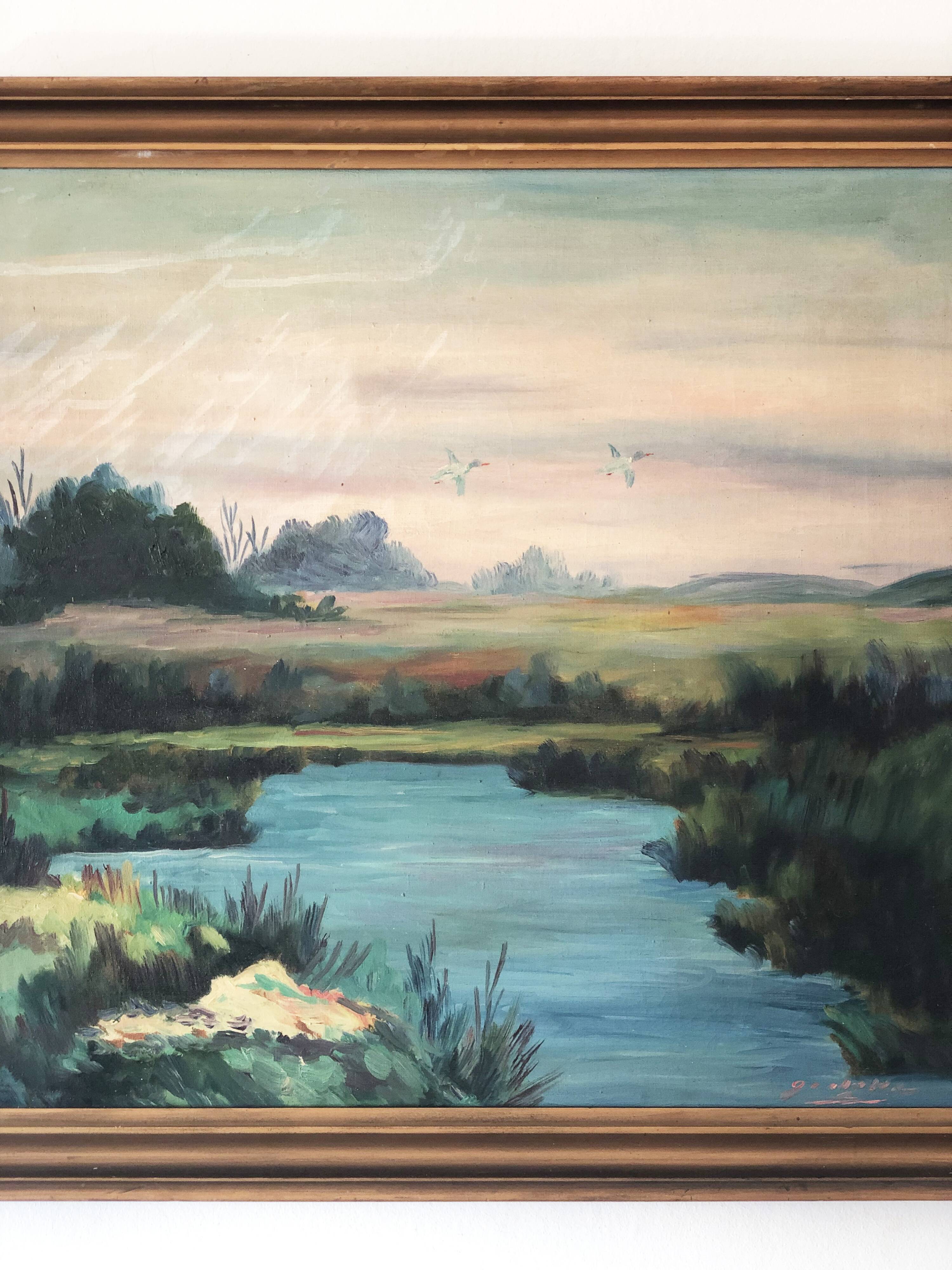 Large Original Vintage River Landscape Oil Painting, circa 1960