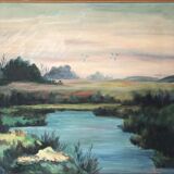 Large Original Vintage River Landscape Oil Painting, circa 1960
