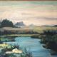 Grande peinture à l'huile vintage originale de paysage fluvial, vers 1960.