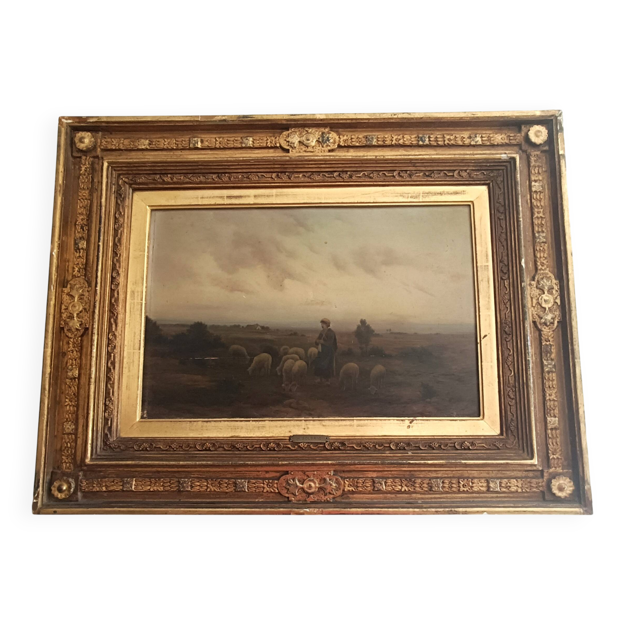 Hermann solbrig (1853-1942) painting, oil on panel, shepherdess and her troupe