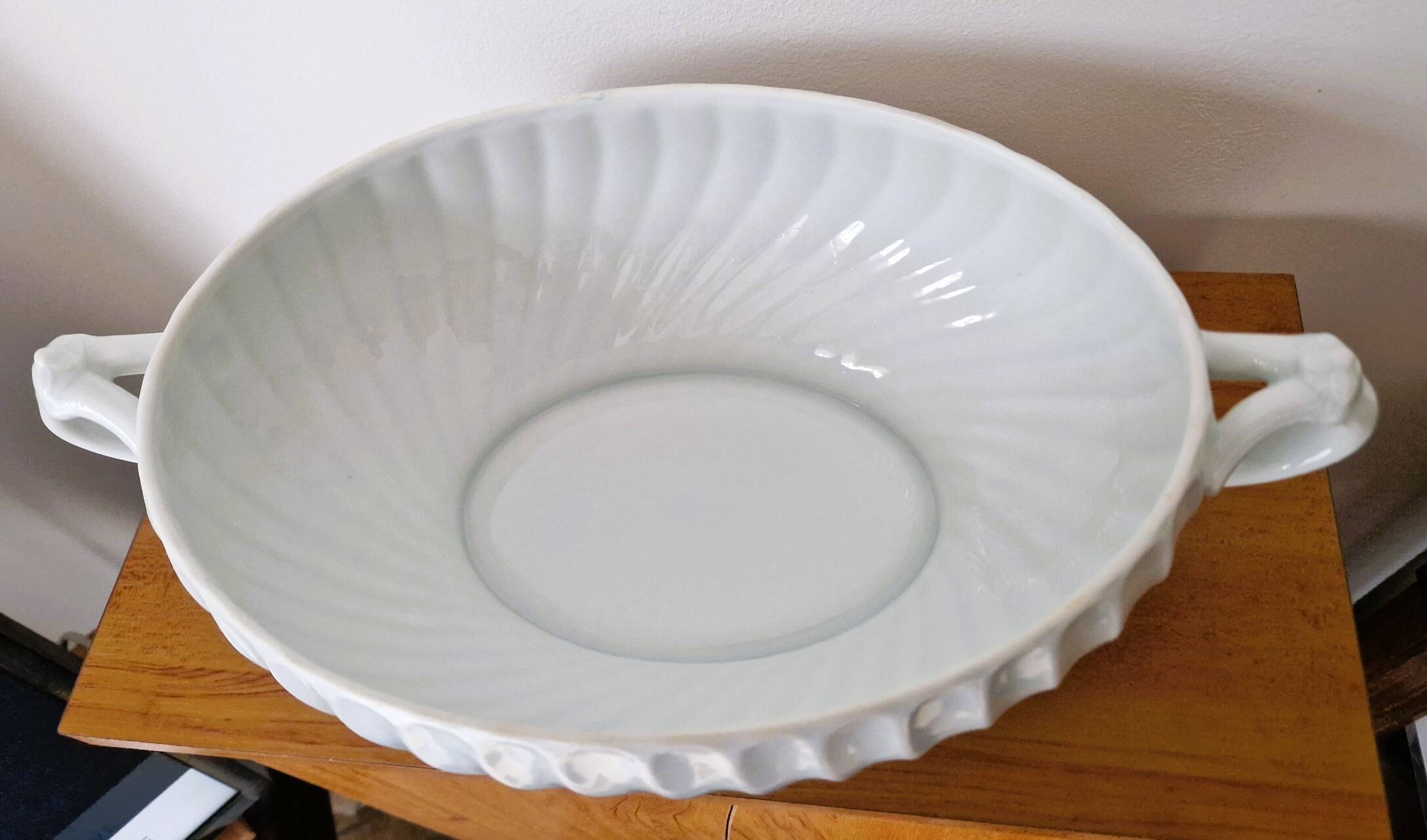 Oval white porcelain soup tureen by Haviland, torso model.