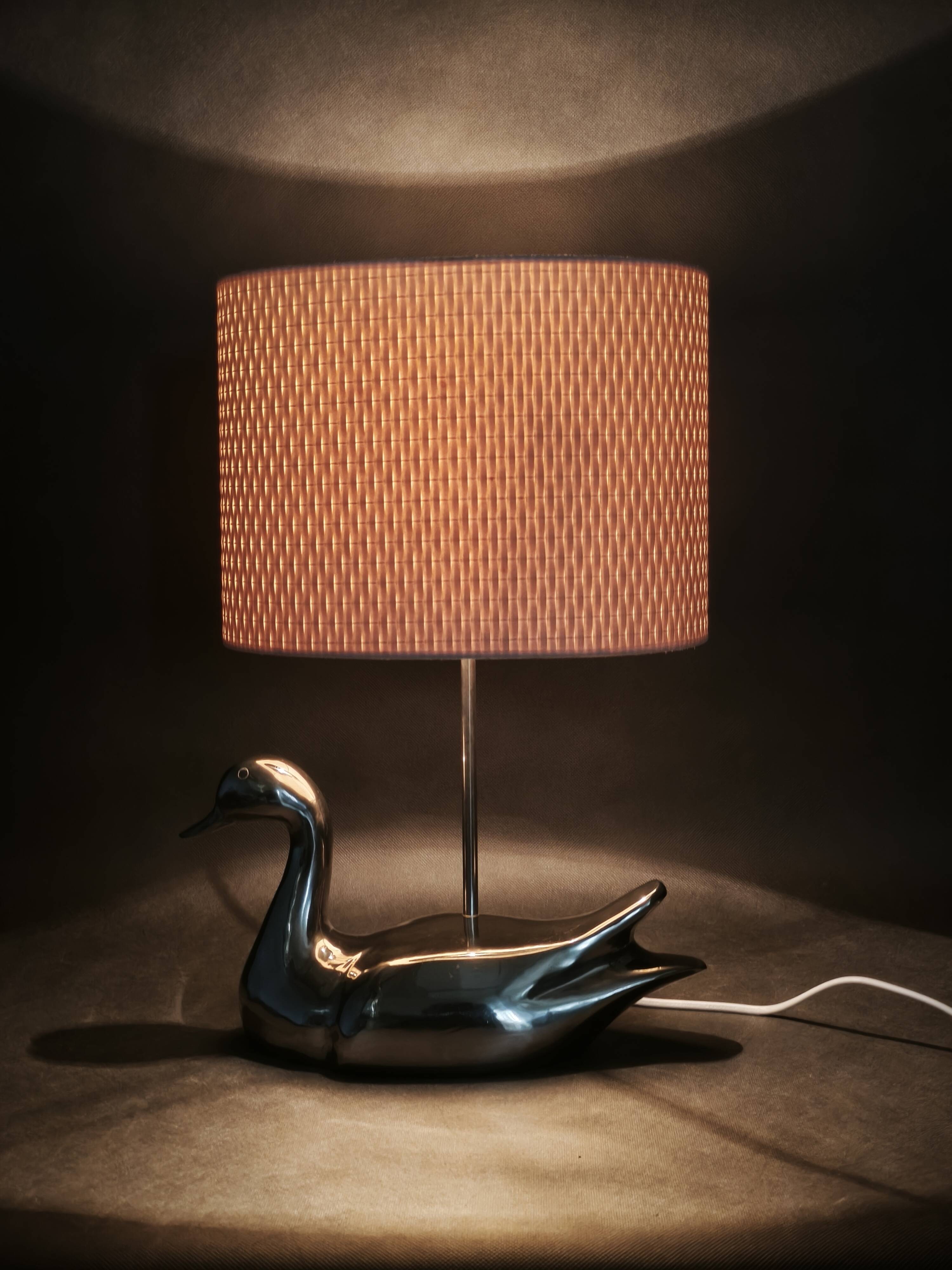 Italian Chrome Duck Table Lamp with Original Shade, 1970s