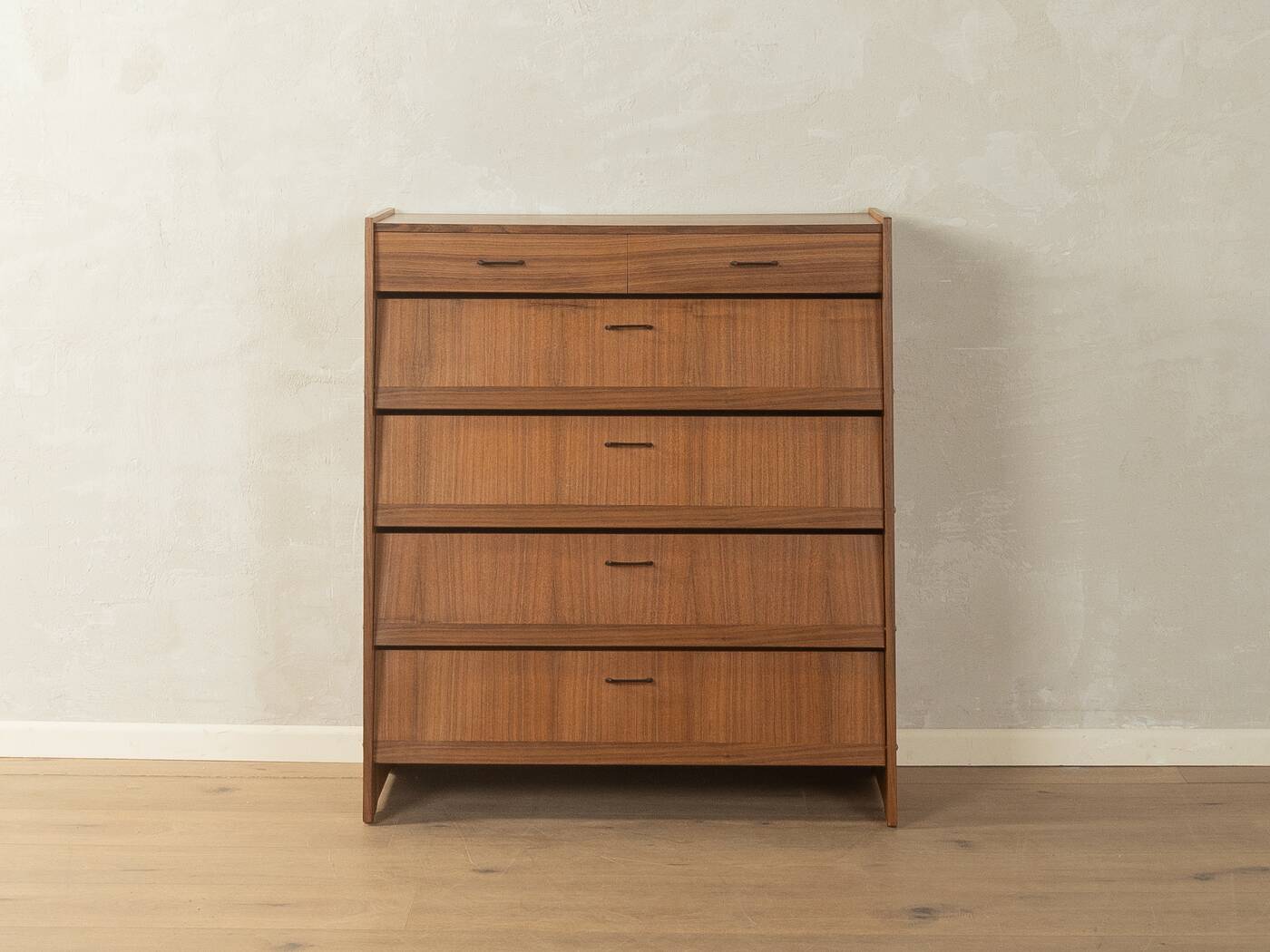 Classic shoe cabinet from the 1960s, walnut veneer, four drop-down doors, two drawers