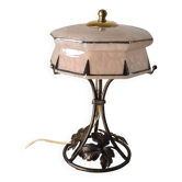Wrought iron lamp brandt style, muller art deco with pink clichy glass lampshade and gilding 27x21