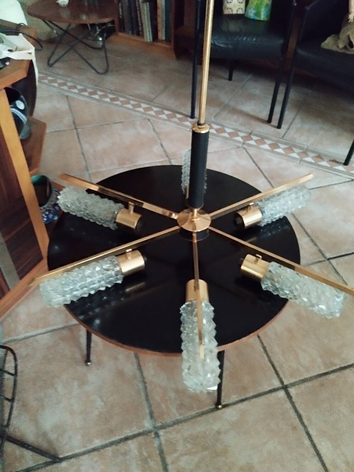 Arlus vintage brass and glass chandelier 6 lights