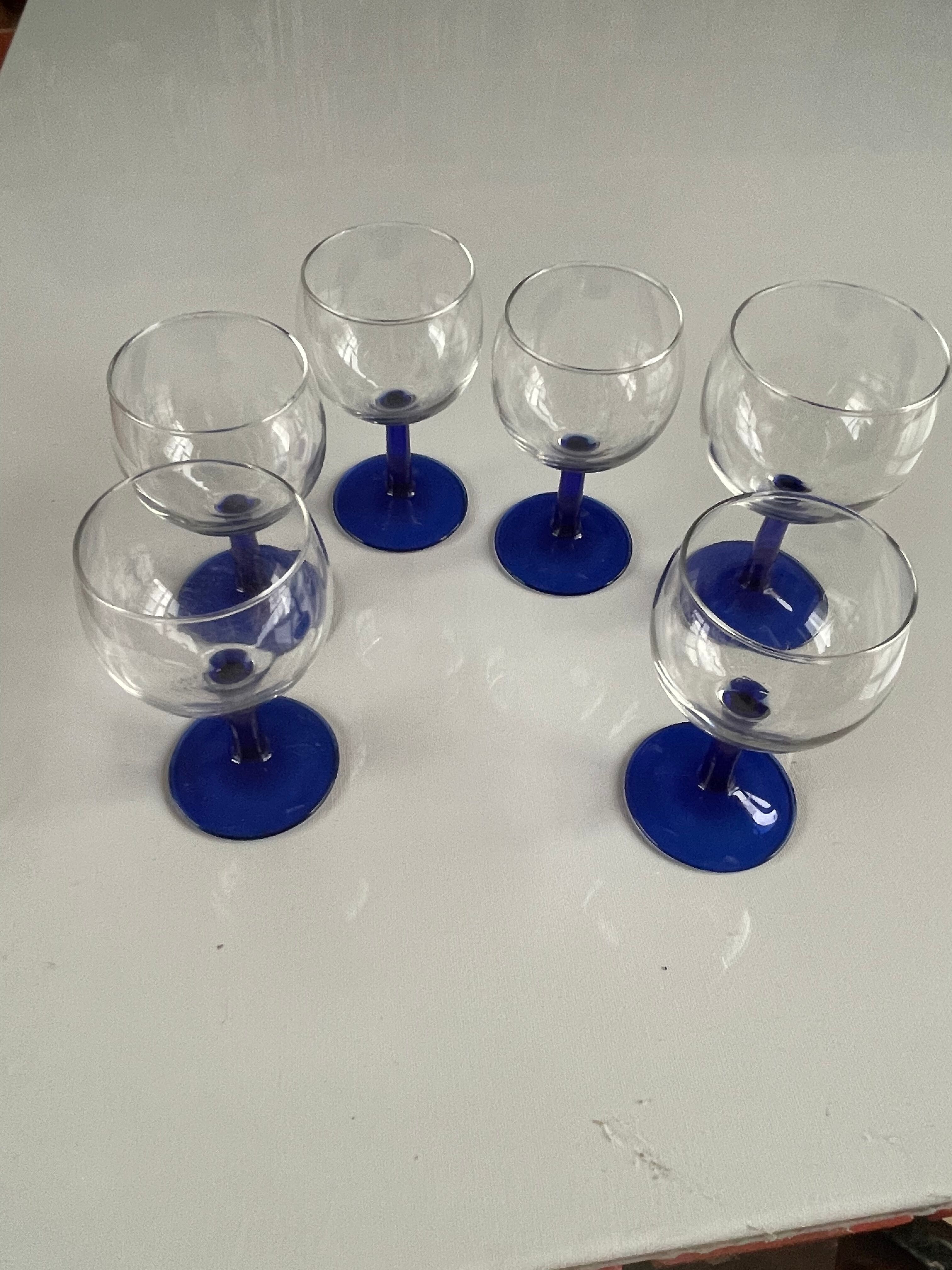 6 glasses 13 cm wine ARC France vintage foot blue stem