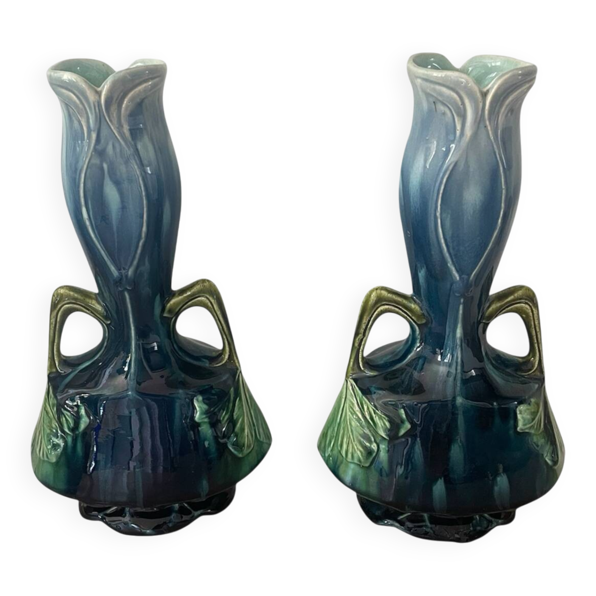 Pair of vases in slipware with Art Nouveau floral decoration.