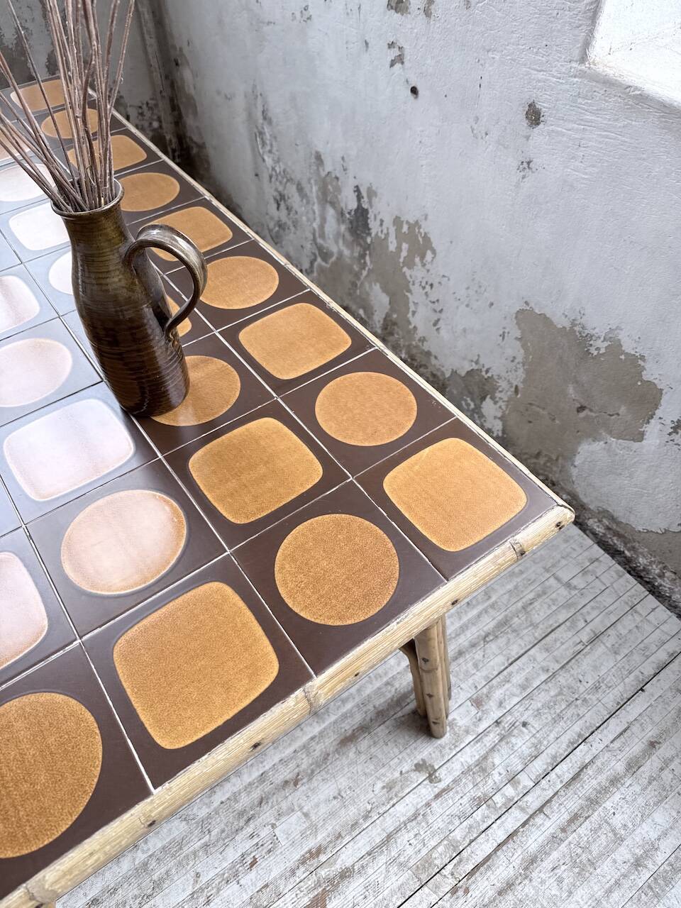 1950s rattan table with ceramic top