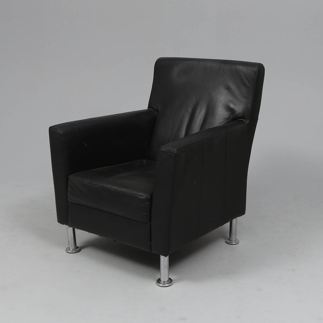 Modern Lounge Armchair with Matching Footstool — Black Leather