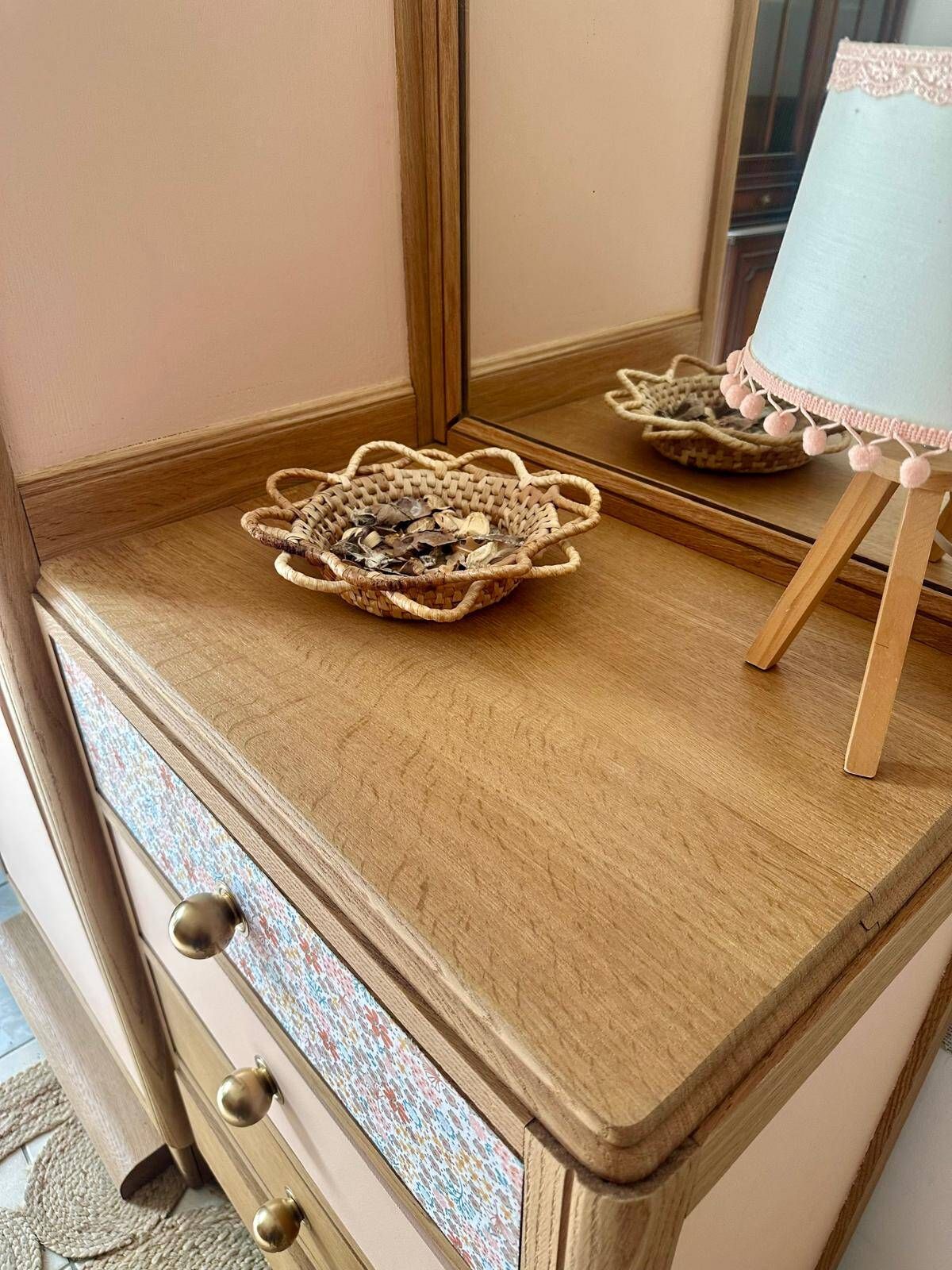 Asymmetrical floral wardrobe, natural oak & powder pink