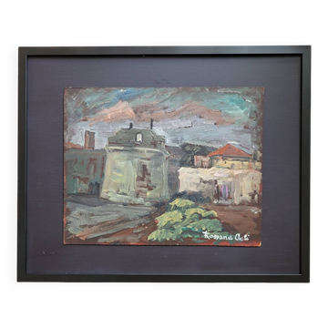 Tableau Peinture huile sur bois vintage - Scène d’Italie signée et enc