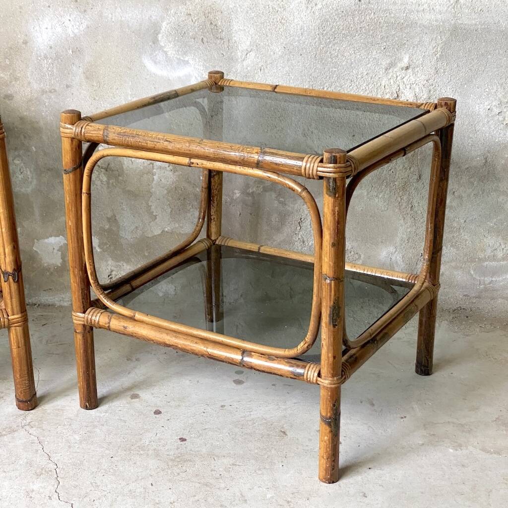Pair of bedside tables or side tables in vintage 1980s rattan.