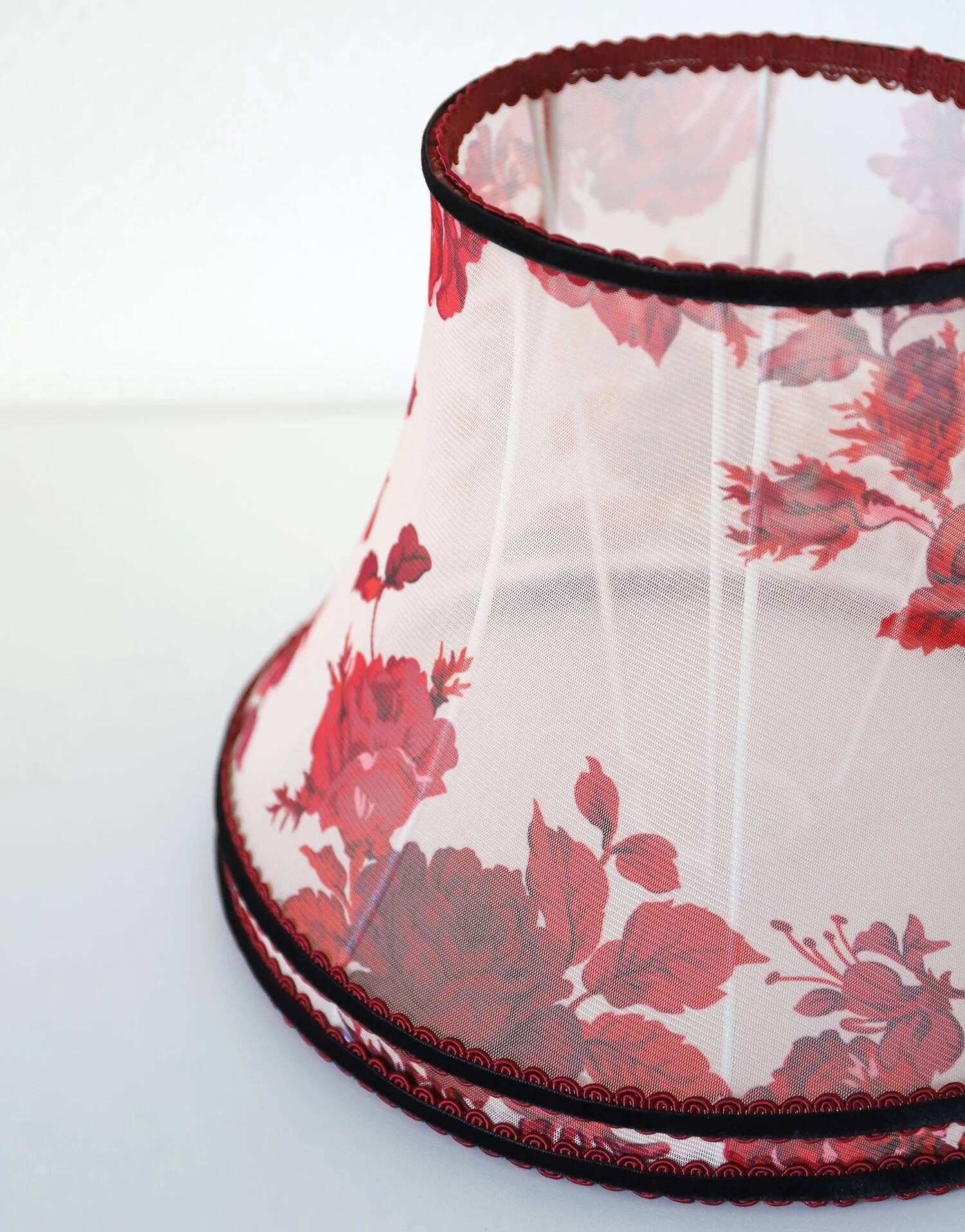 Recycled vintage lamp — burgundy ceramic base, floral voile shade