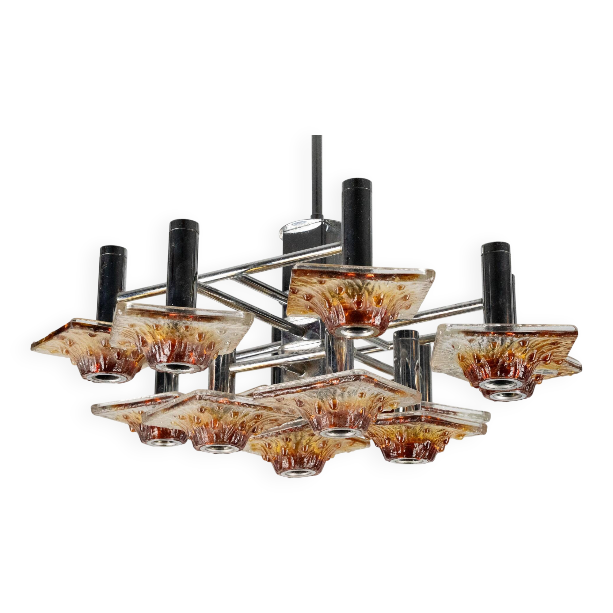 12-light Mazzega chandelier in amber and clear murano glass and chrome. Ita