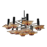 12-light Mazzega chandelier in amber and clear murano glass and chrome. Ita