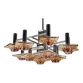 12-light Mazzega chandelier in amber and clear murano glass and chrome. Ita