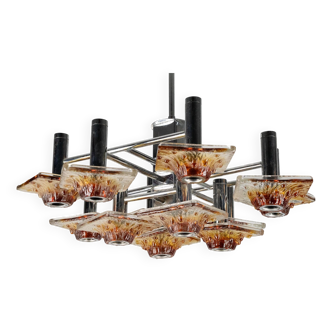 12-light Mazzega chandelier in amber and clear murano glass and chrome. Ita