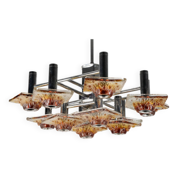 Lustre Mazzega à 12 lumières en verre de Murano ambré et transparent et chrome.