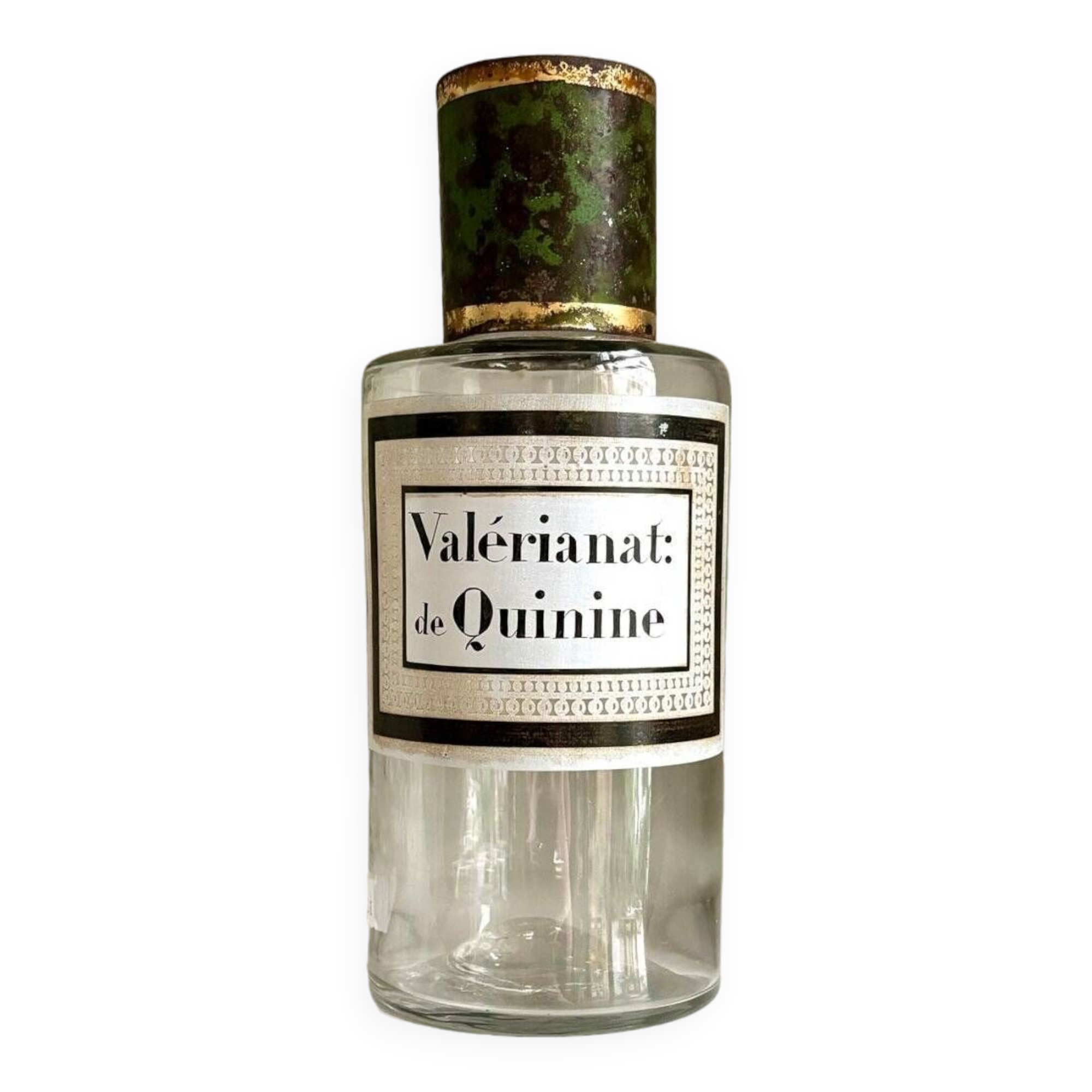 Valerianat: quinine apothecary bottle in transparent glass and metal