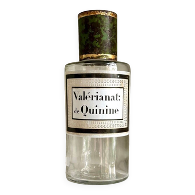Flacon d'apothicaire valérianat: de quinine en verre transparent et métal