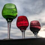 Set of 3 colored wine glasses - Ruby, red, green, gold and twisted foot
