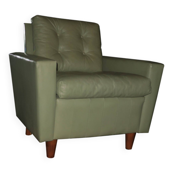 Fauteuil lounge vintage en cuir vert pistache d'après Florence Knoll, 1950