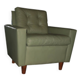 Fauteuil lounge vintage en cuir vert pistache d'après Florence Knoll, 1950