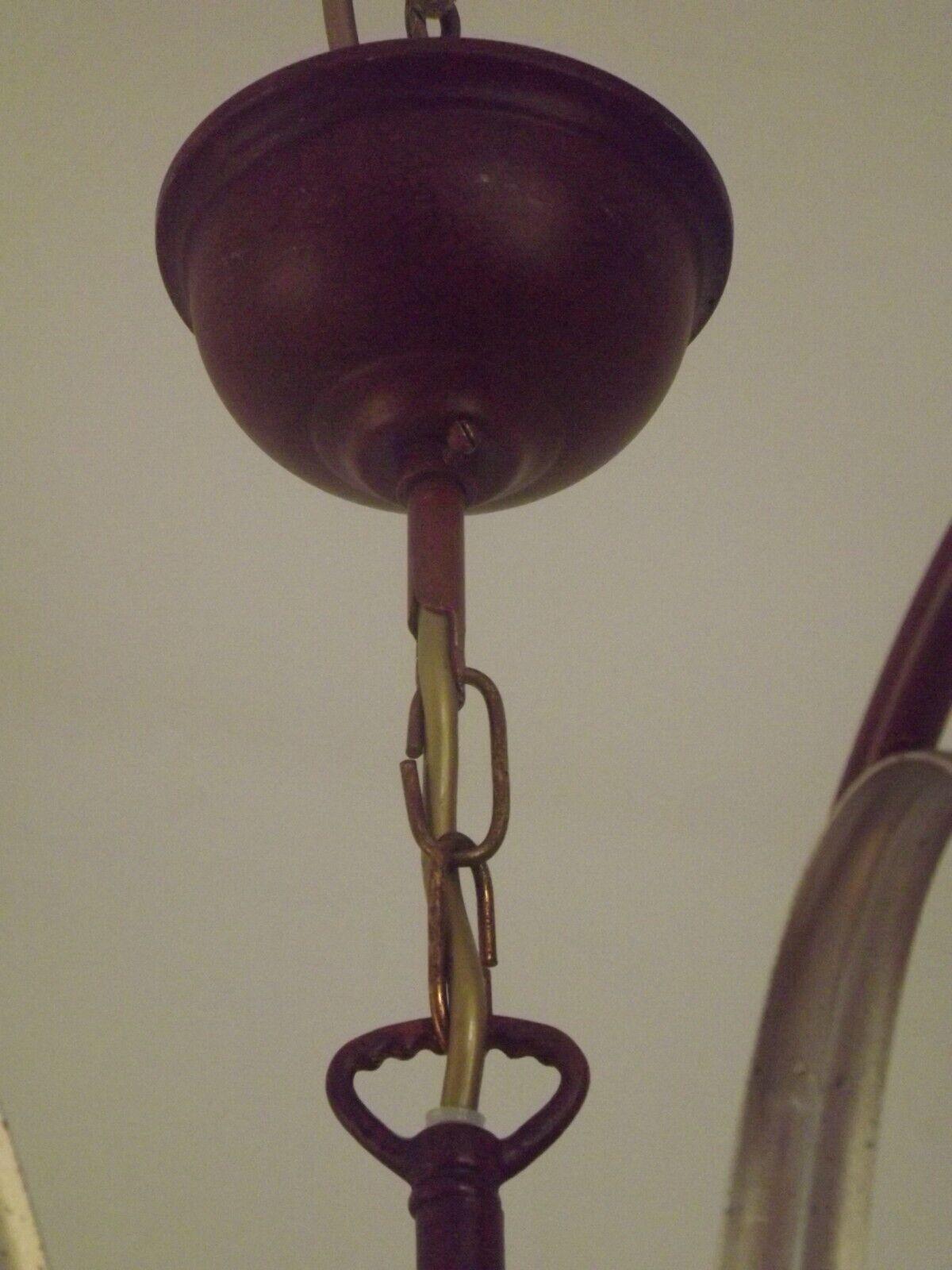 French vintage 6 arm brown & silver toleware chandelier opaque glass shades 3861