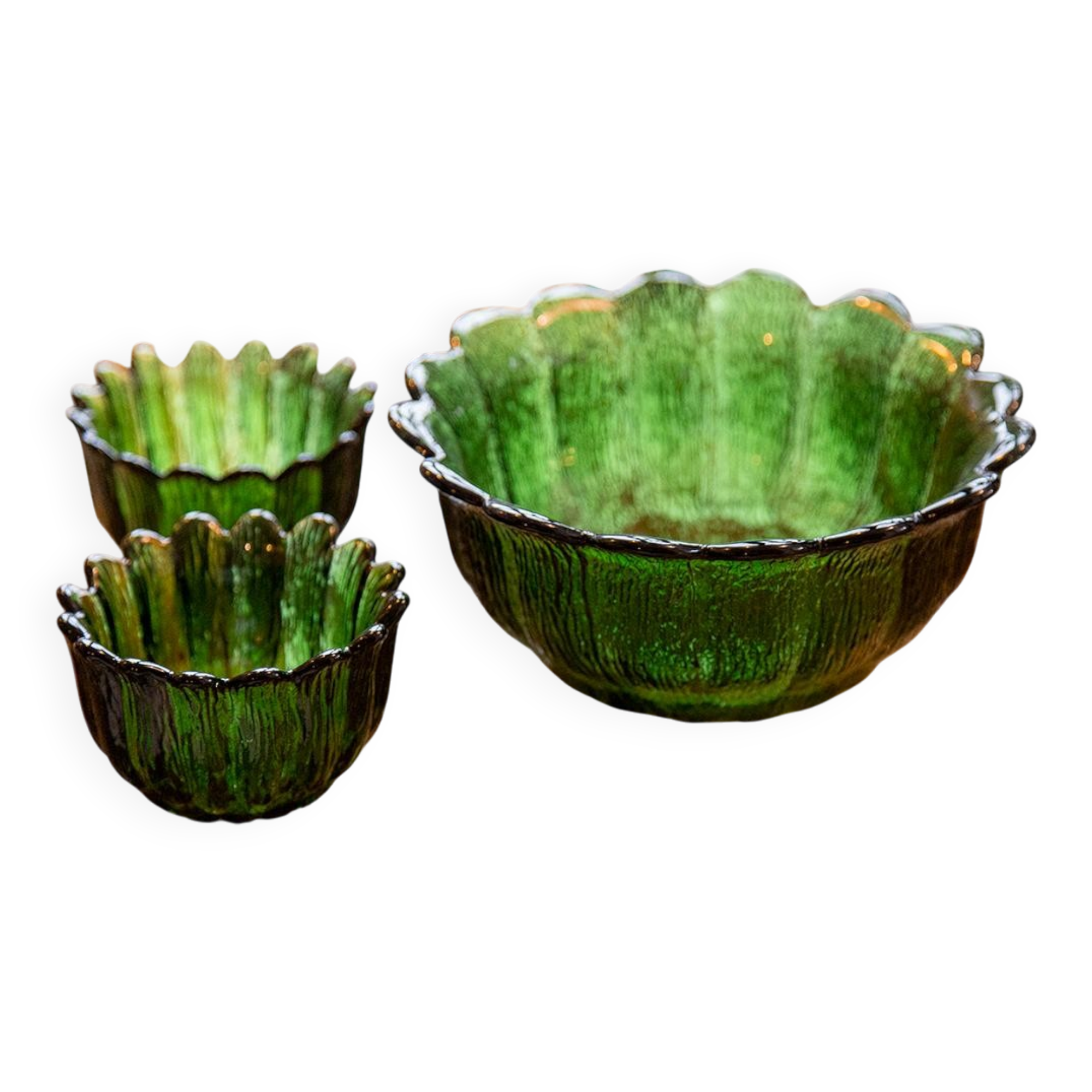 Ensemble de Trois Bols en Cristal Vert Milieu du Siècle, Italie, Années 1970