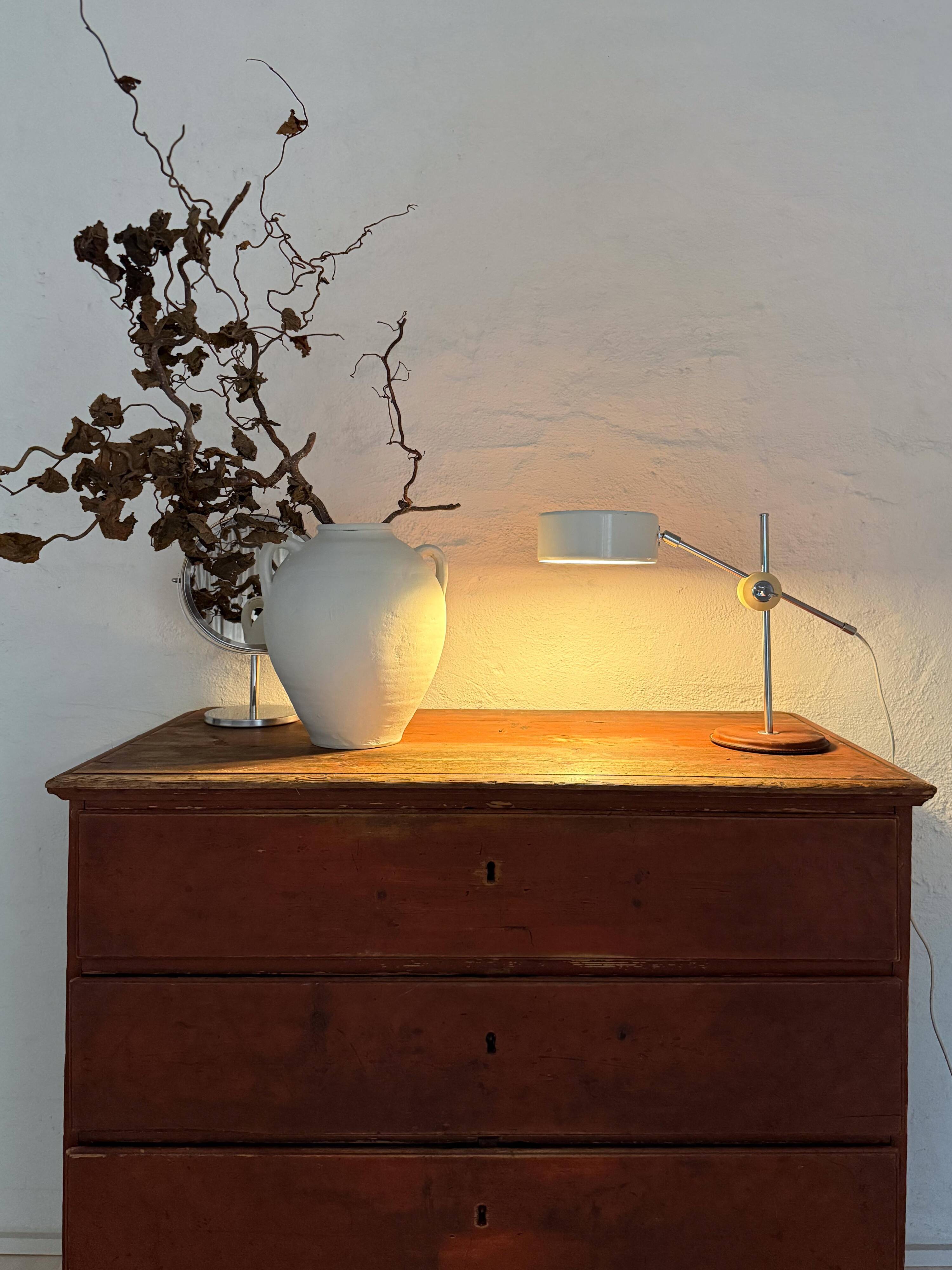 Vintage Midcentury desk lamp in brown leather and chrome Atelje Lyktan, Sweden