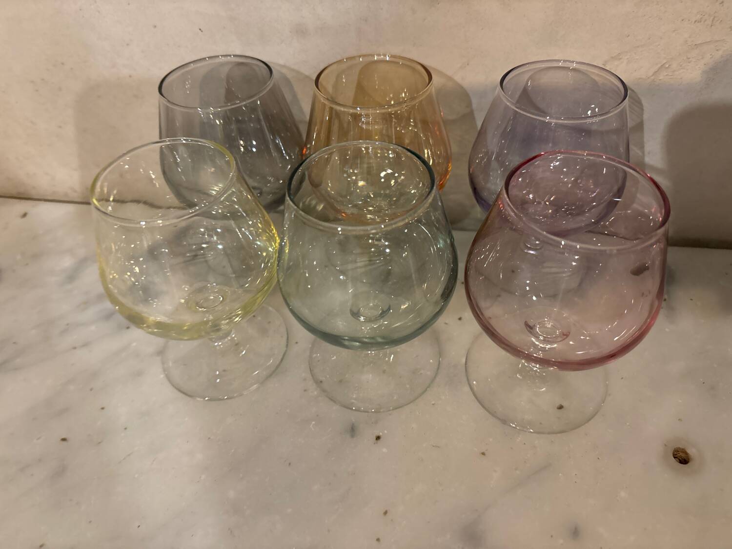 Set of 6 colored cognac glasses