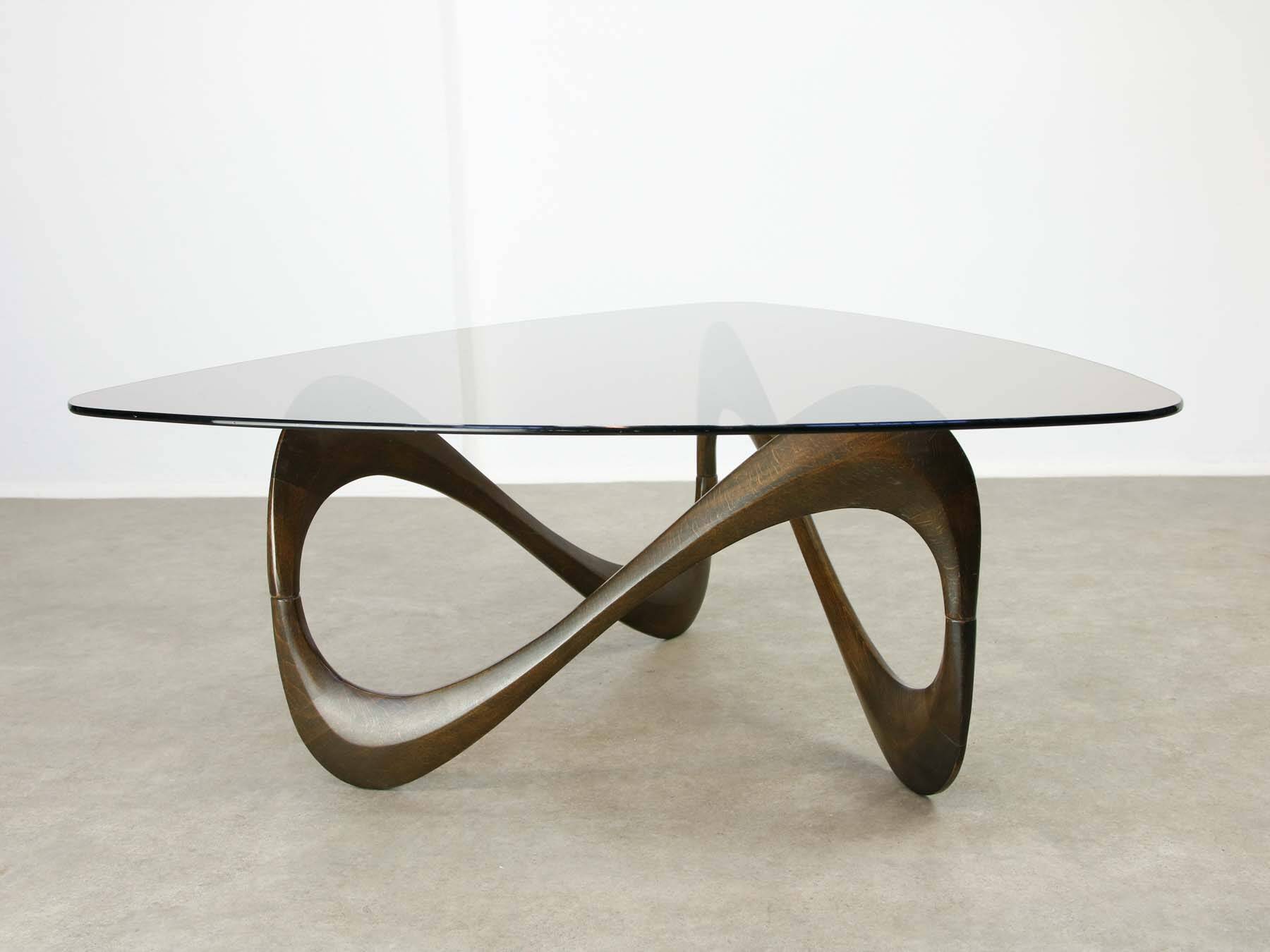 Italian Organic "Snake" Wooden and Smoked Glass Coffee Table, 1960s