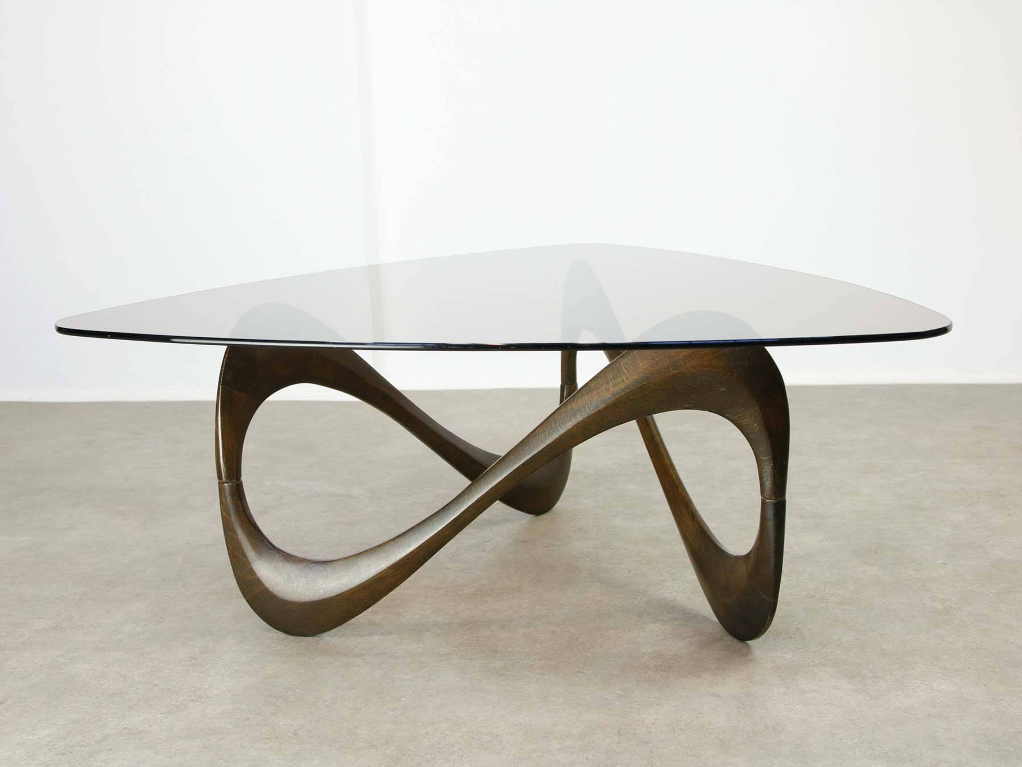 Italian Organic "Snake" Wooden and Smoked Glass Coffee Table, 1960s