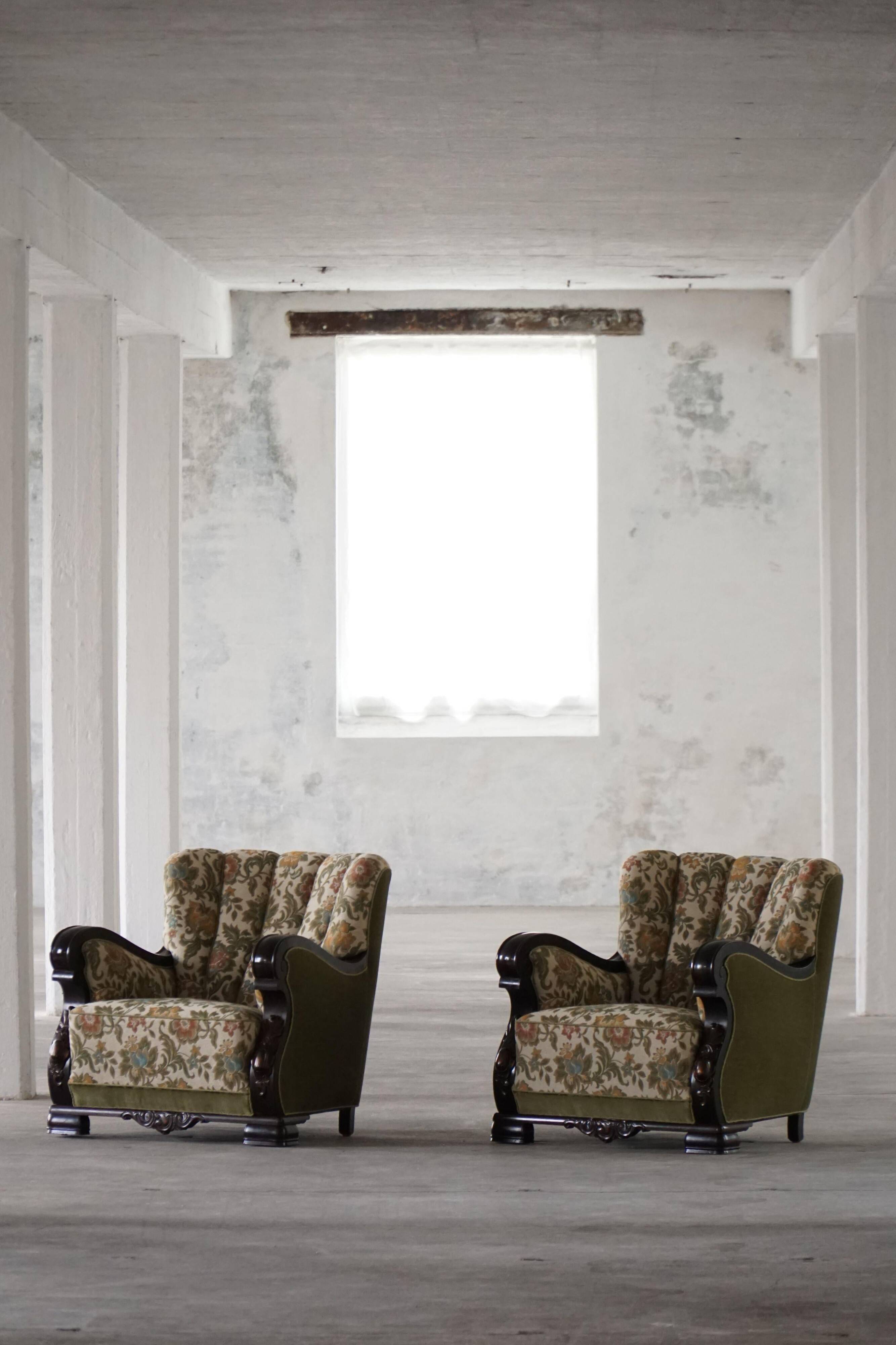 Pair of Danish Art Nouveau armchairs in embroidered floral velvet, 1920s.