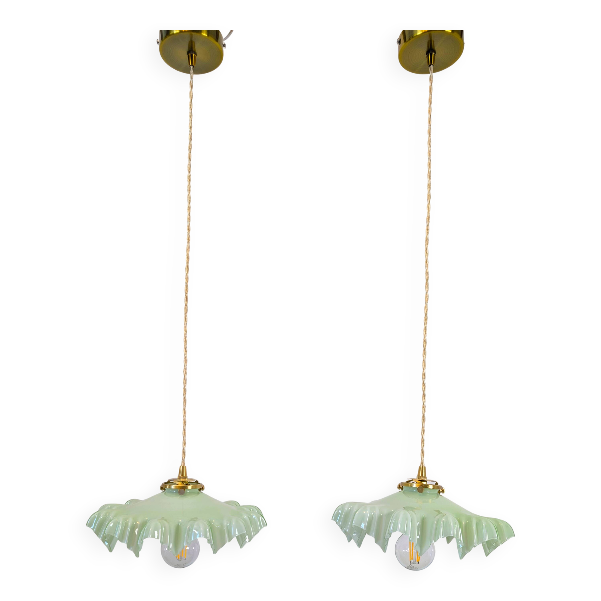 Pair of green opaline glass pendant lights – frosted poetry & Art Deco brilliance