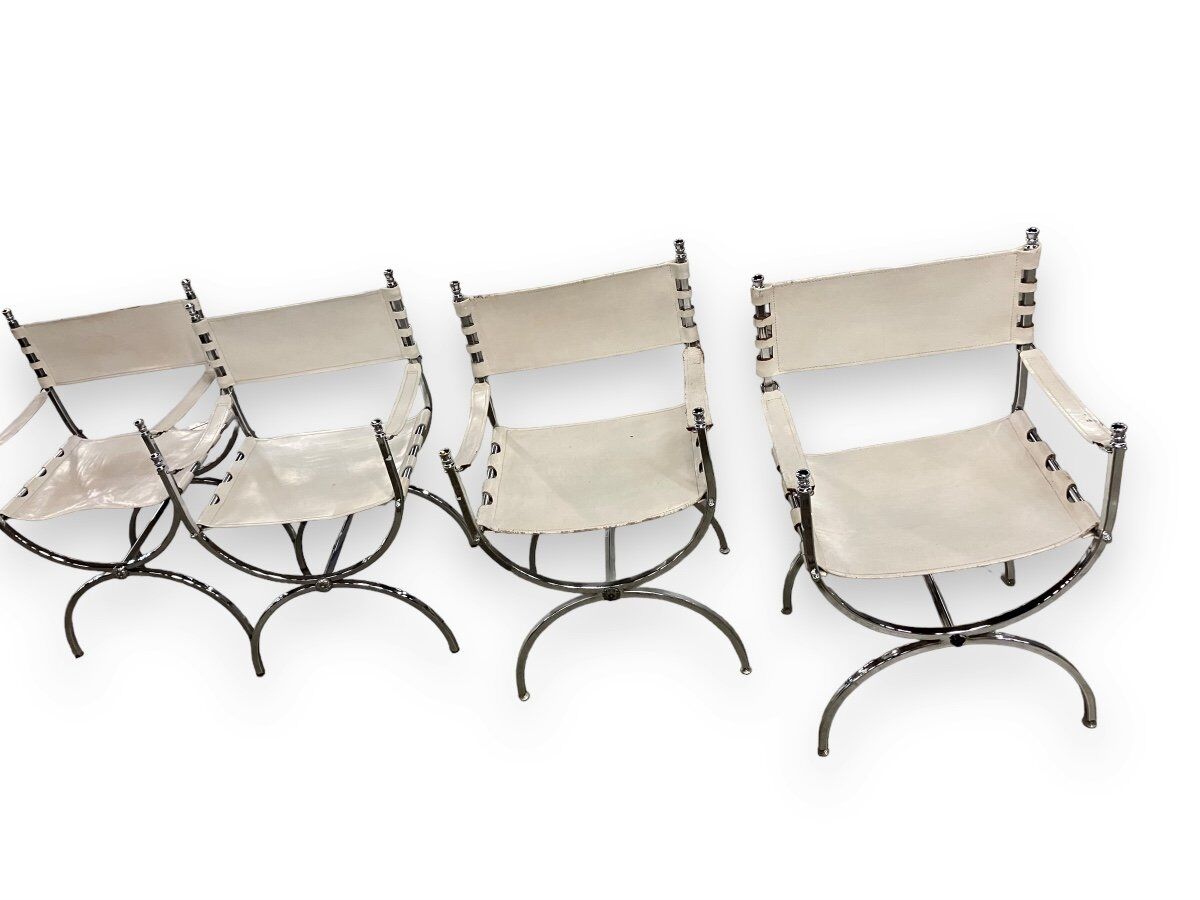 Maison Jansen Set of 4 armchairs Emperor Savonarola White leather and chromed metal