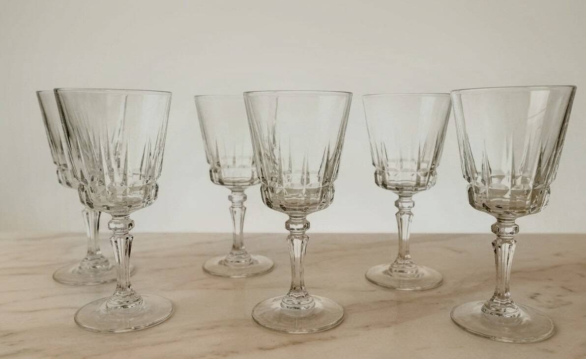6 vintage faceted stemmed glasses