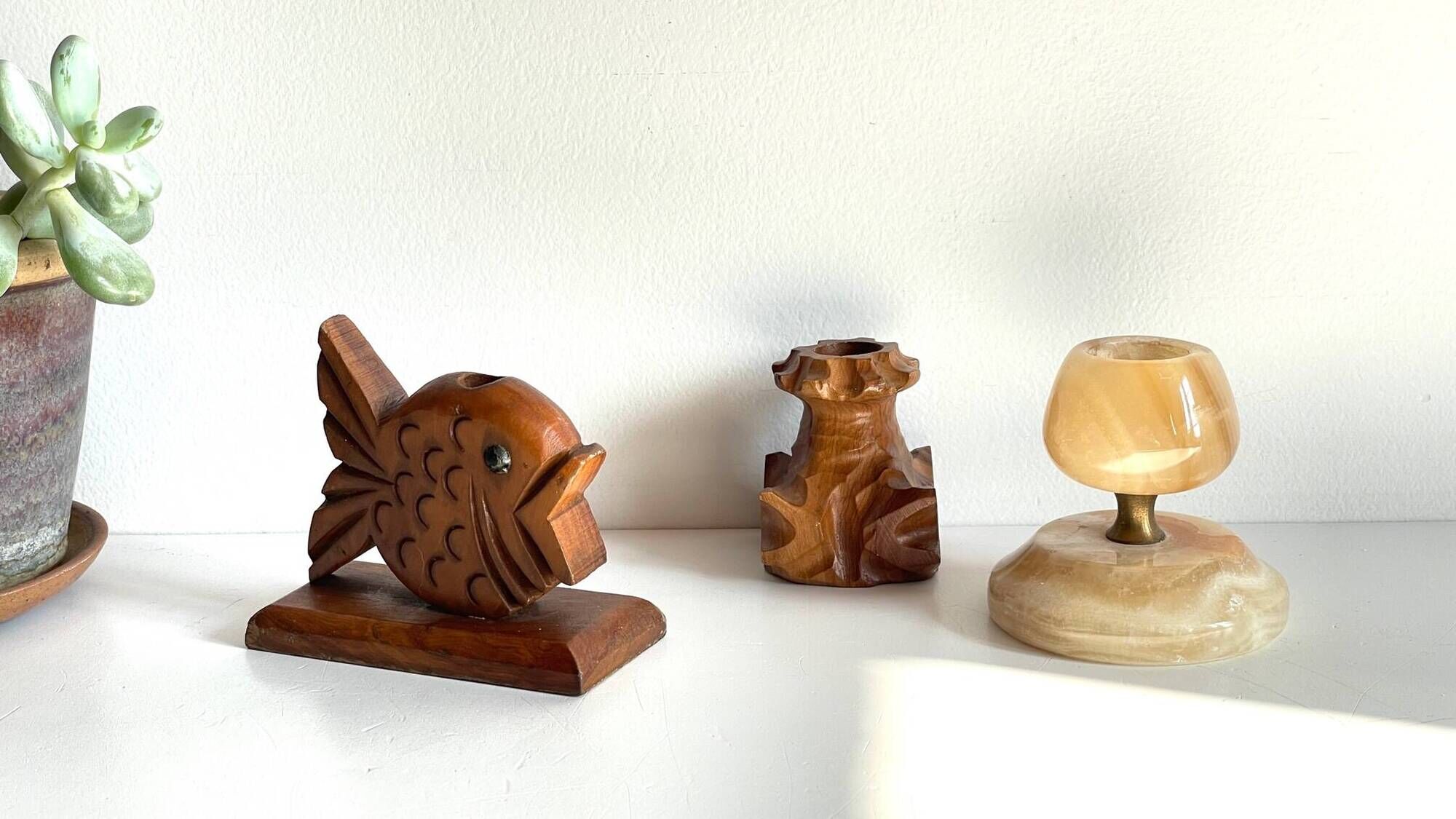 Trio of vintage wood and onyx candle holders