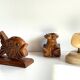 Trio of vintage wood and onyx candle holders