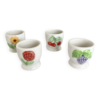 Four vintage poppers slip patterns flowers and fruits white porcelain