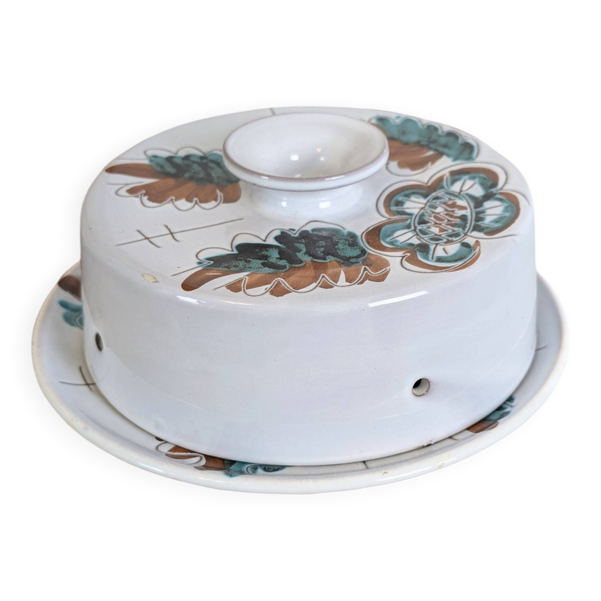 Vintage cheese service in ceramic with floral decoration from the 70s.