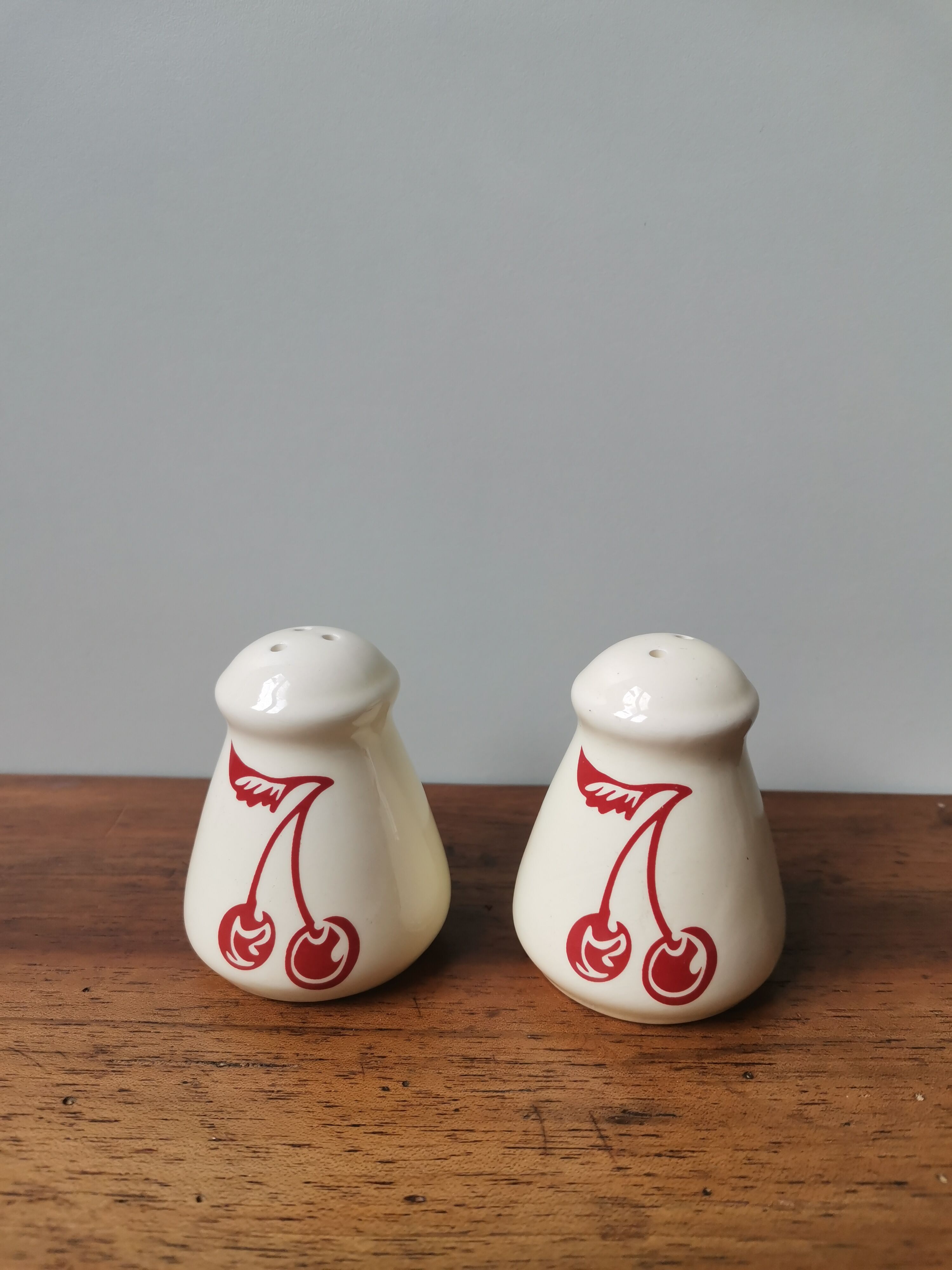 Vintage cherry screen-printed salt and pepper shakers
