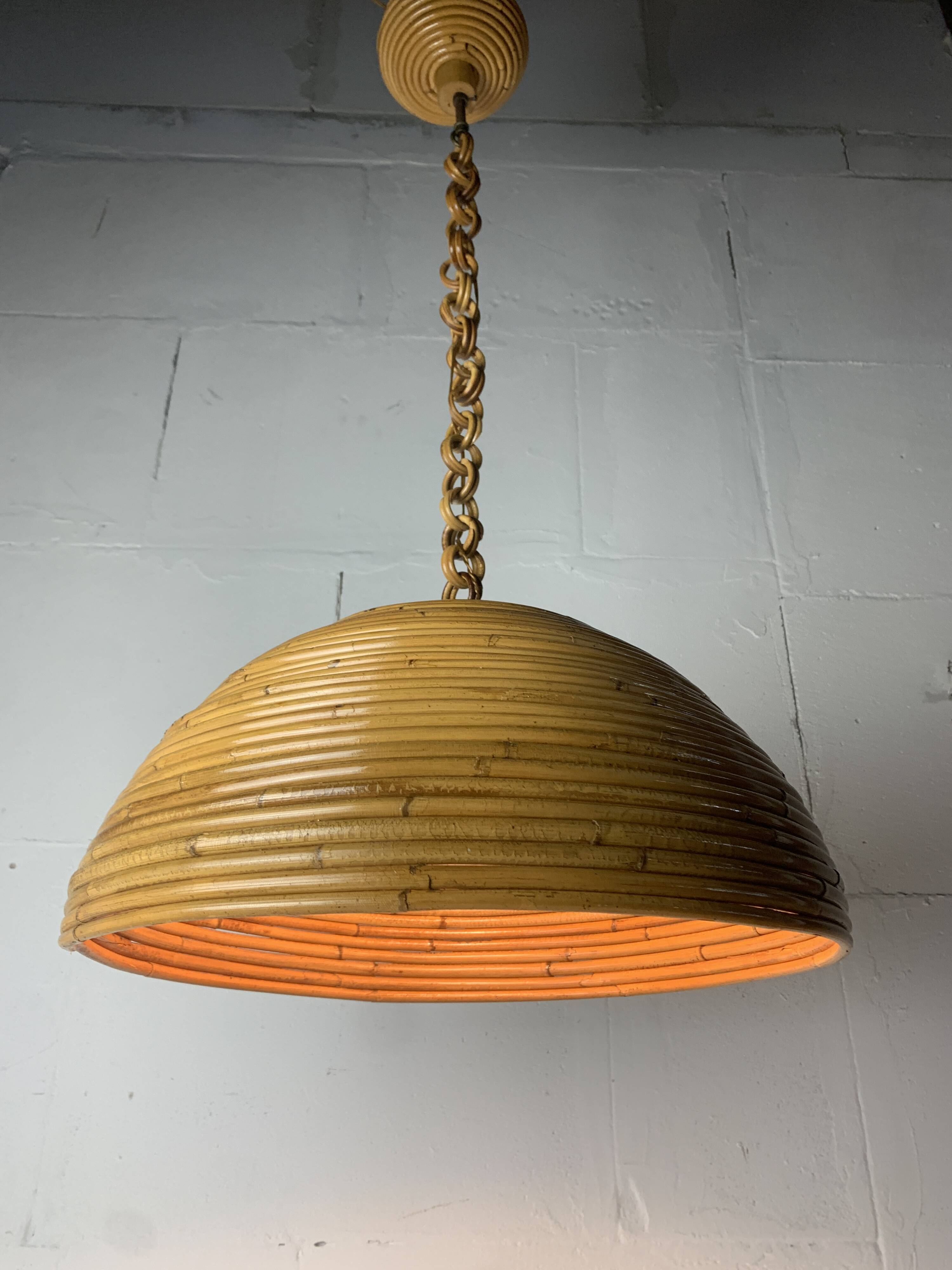 Midcentury pencil reed rattan bamboo pendant hanging lamp, Italy, 1970s