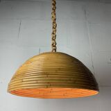 Midcentury pencil reed rattan bamboo pendant hanging lamp, Italy, 1970s