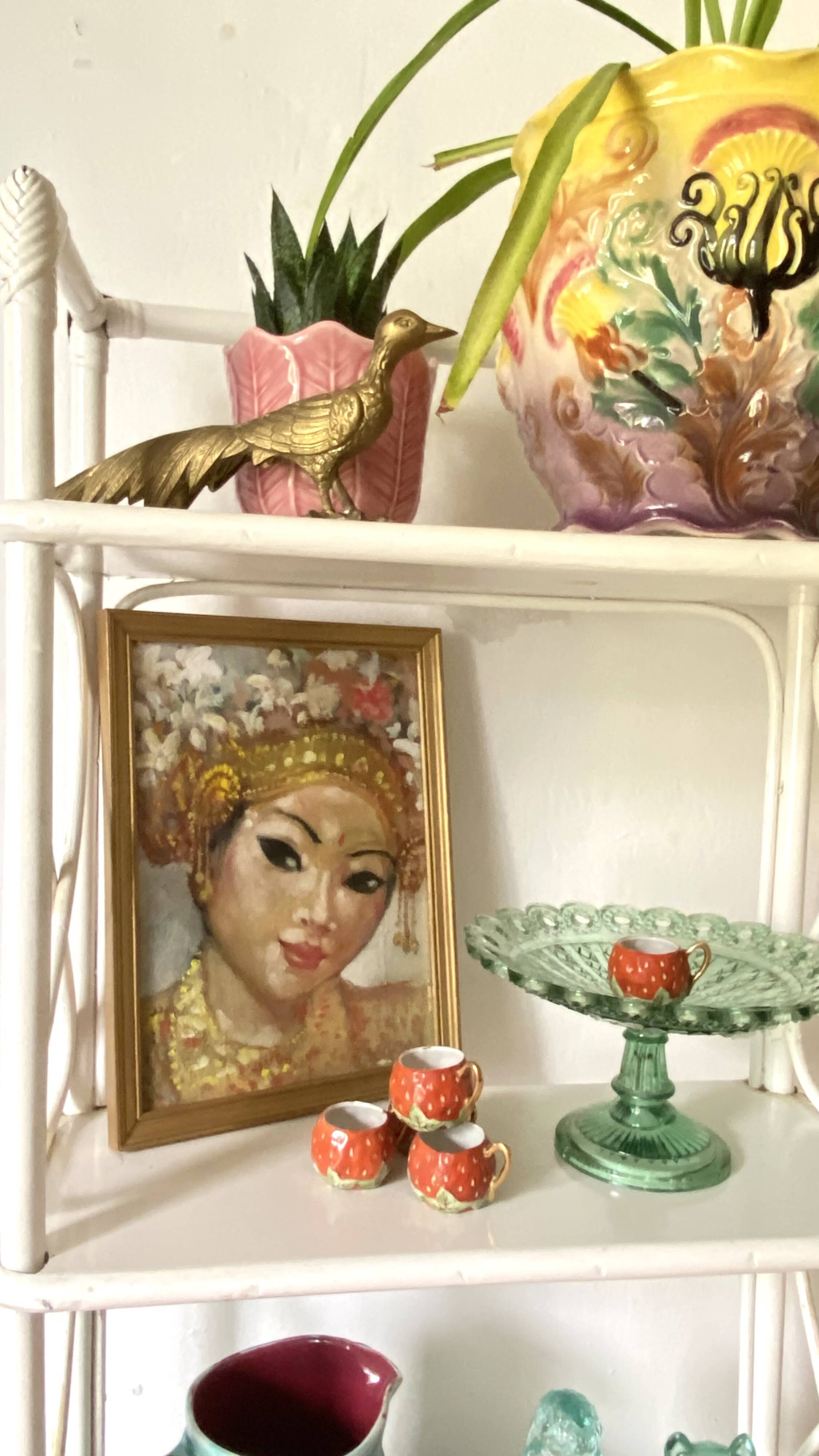 Vintage white lacquered rattan shelf
