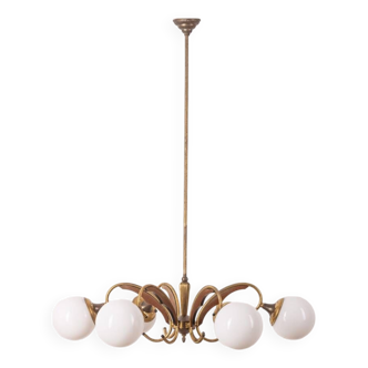 Vintage 1950s chandelier in golden brass and italian design glass