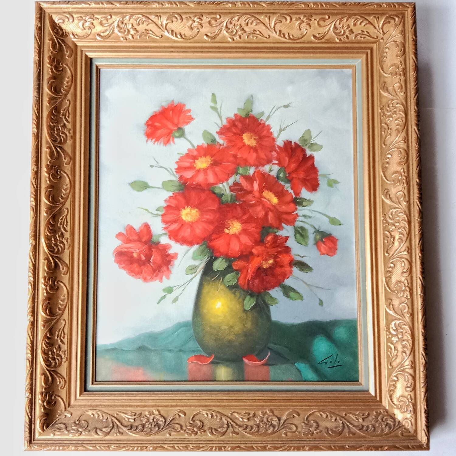 Bouquet of Red Flowers Still Life Canvas signed Golden Frame 54 x 62 cm