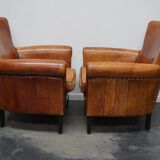 Fauteuil club en cuir vintage hollandais de couleur cognac, ensemble de 2