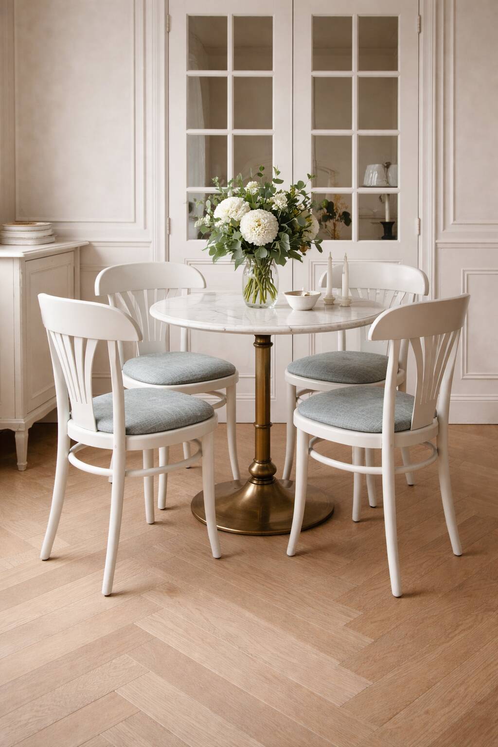 Set of 4 vintage bistro chairs from the 1970s enhanced in grey.